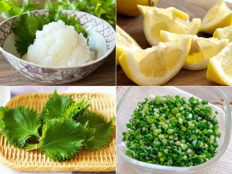 大根おろし、レモン、薬味のコラージュ