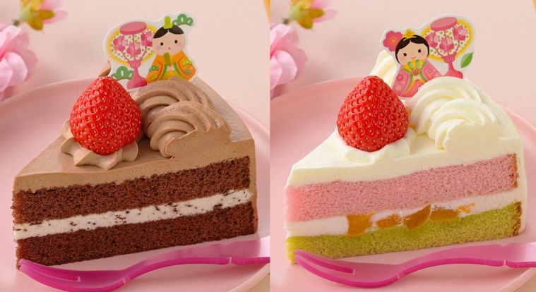 銀座コージーコーナーのおびなのチョコショートとめびなの桃ショートのイメージ