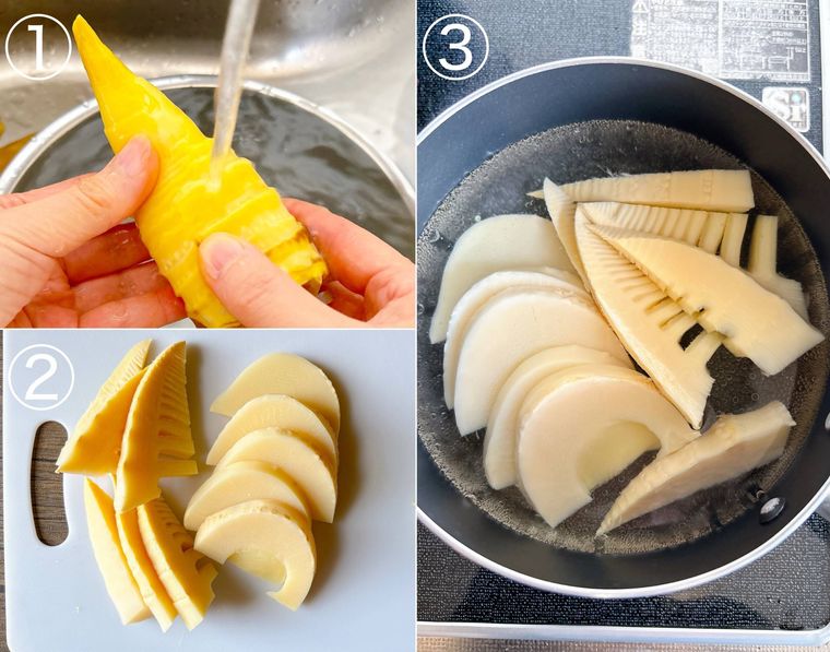 たけのこの水煮を洗ってから下ゆでする様子