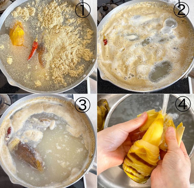 たけのこをゆでて冷まし皮をむく様子