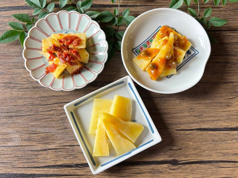 たけのこの刺身のアレンジ3品を並べたもの