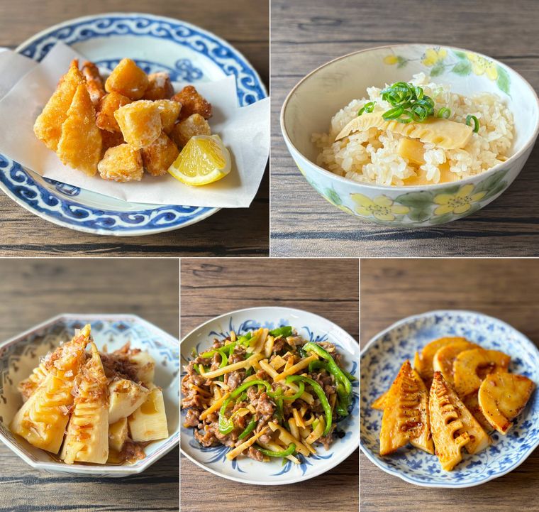 たけのこの唐揚げ、たけのこご飯、たけのこの土佐煮、青椒肉絲、たけのこステーキのコラージュ画像