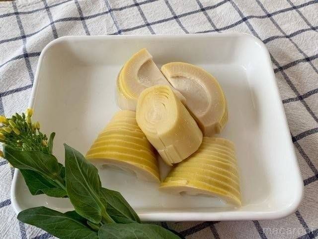 白色の皿に盛られた下ゆでしたたけのこ