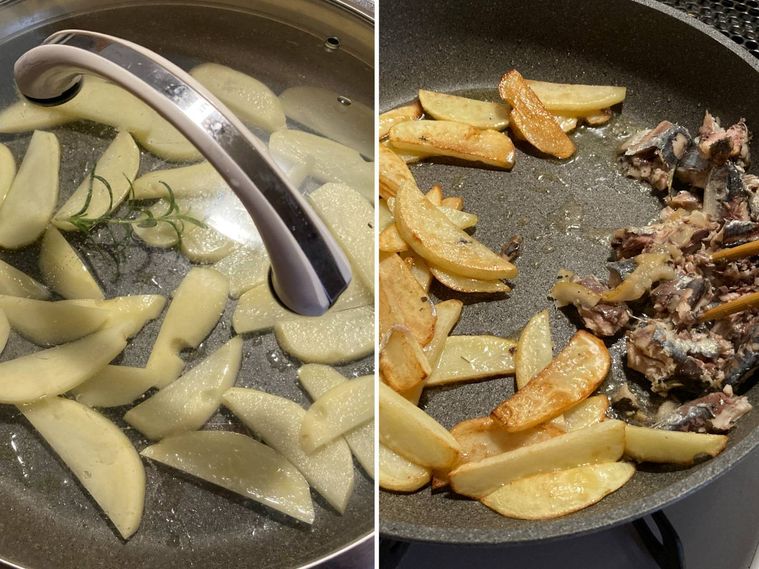 フライパンに蓋をして加熱し、蓋を取ってオイルサーディンを加える様子