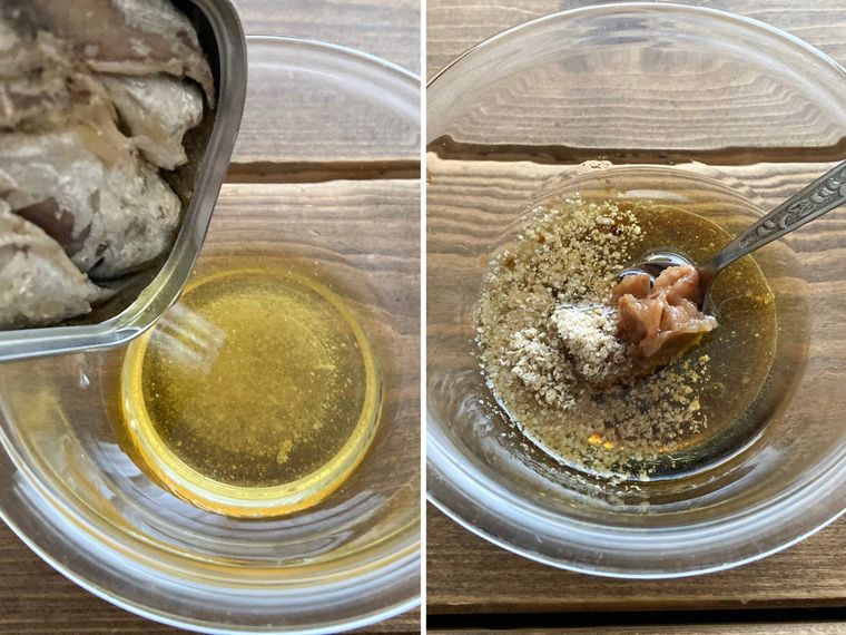 オイルサーディンのオイルをボウルに入れ、マリネ液の材料を加えた様子