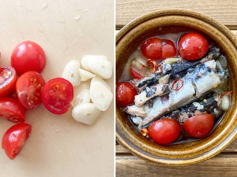 ミニトマトとにんにくを切って、ココットにオイルサーディンと一緒に入れた様子