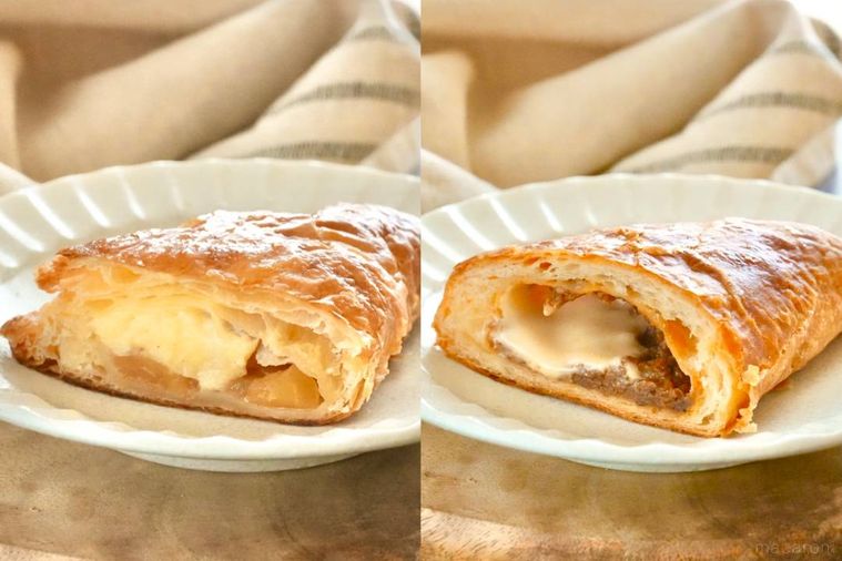 木のカッティングボードと白い皿にのったミートパイとアップルパイ