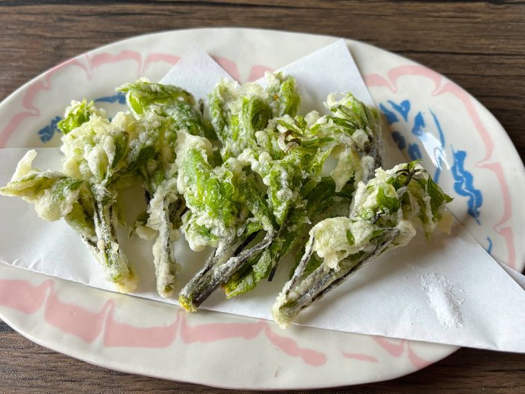 白色の皿に盛られたコシアブラの天ぷら