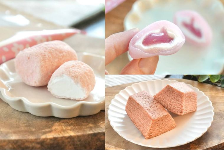 木のカッティングボードと白い皿にのった3種類のフレーバーお菓子の断面