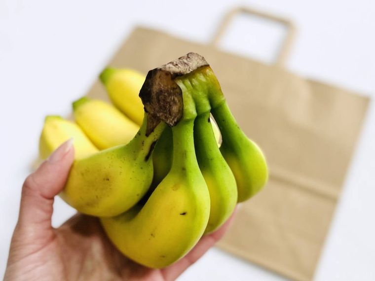 青みがかったバナナを手で持っている様子