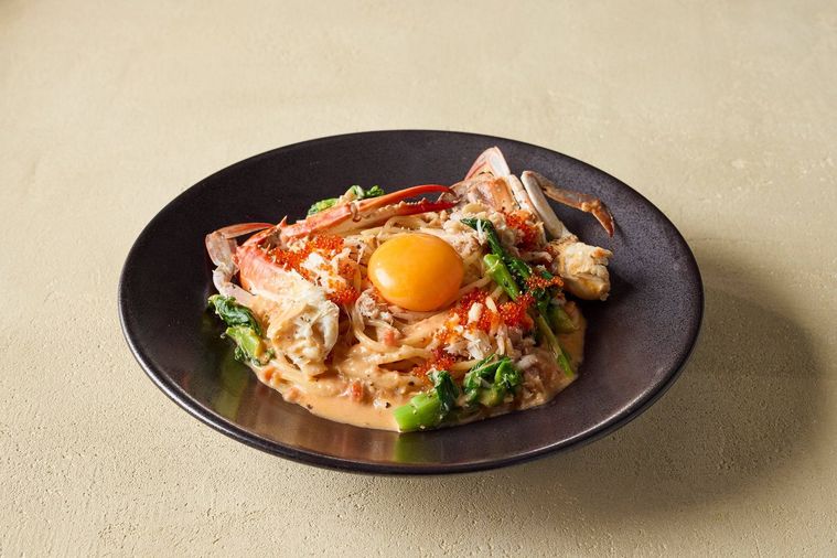 3. 極・ワタリガニと菜の花のトマトカルボナーラ