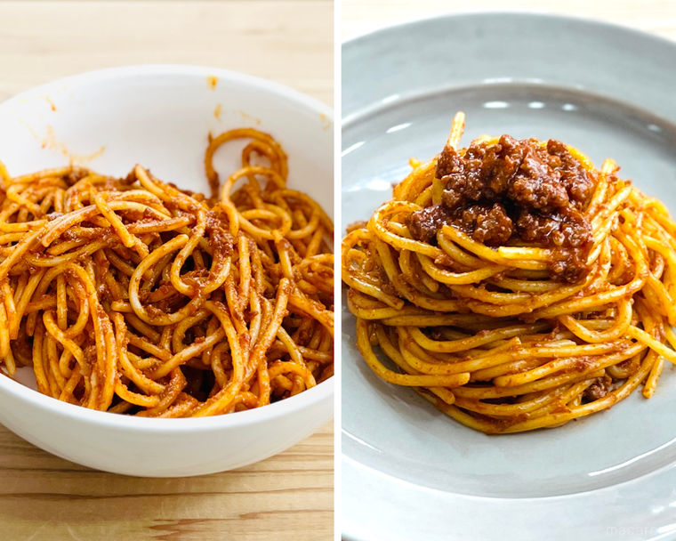 白い器と灰色の皿に盛り付けたボロネーゼパスタのコラージュ画像