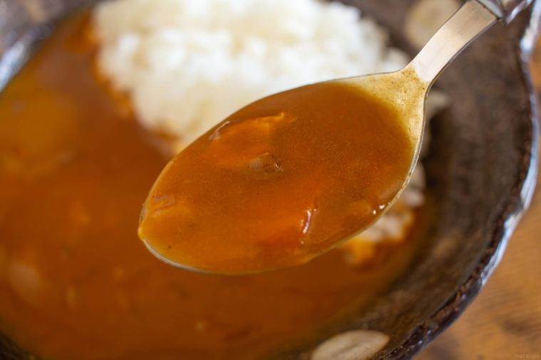 るるぶハチ コラボシリーズ名古屋 味噌煮込みビーフカレーをスプーンですくっている