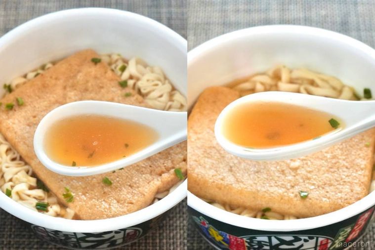 カップきつねうどんのつゆを白いれんげですくう様子の比較