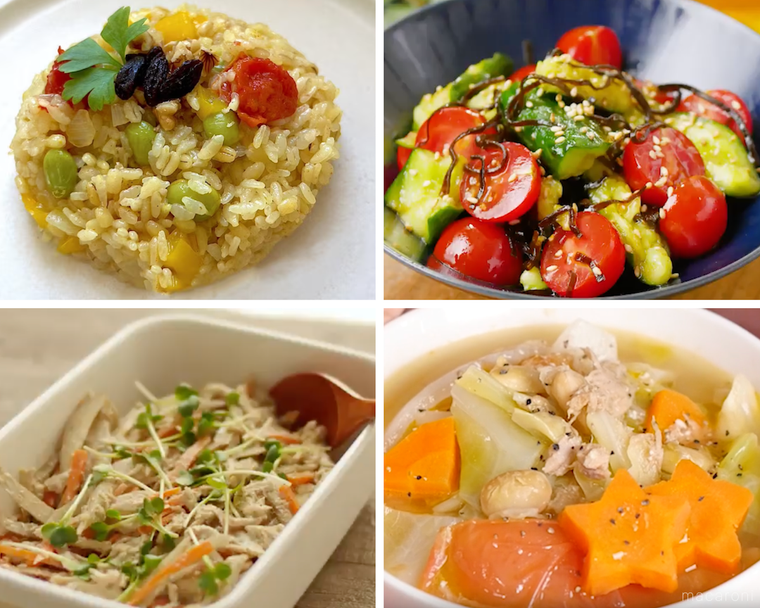 カレーピラフ、和え物、蒸し鶏のサラダ、スープのコラージュ画像