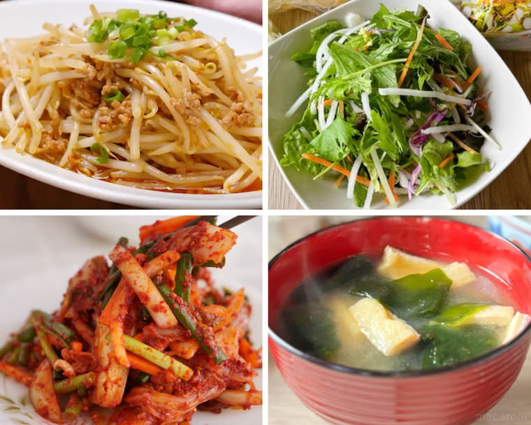 ひき肉ともやしの炒め物、サラダ、キムチ、味噌汁のコラージュ画像