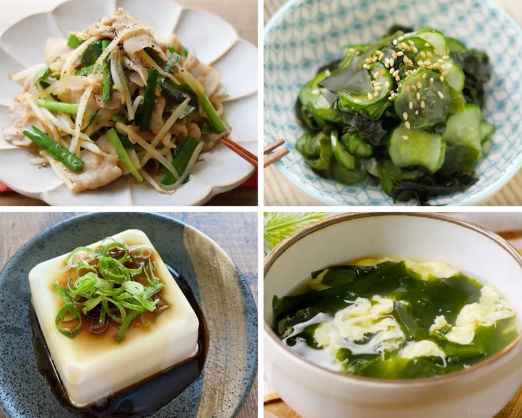 豚肉ともやしの炒め物、、酢の物、冷ややっこ、中華スープのコラージュ画像