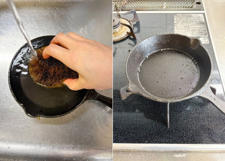 スキレットを使用後すぐ洗い、水気を飛ばす様子