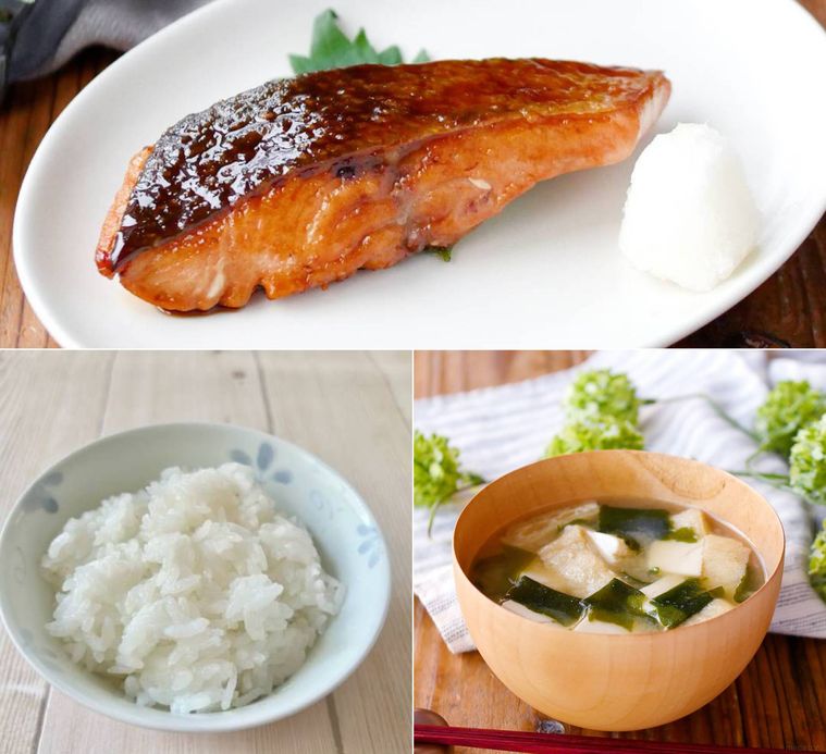 焼き鮭ごはん味噌汁の合成画像