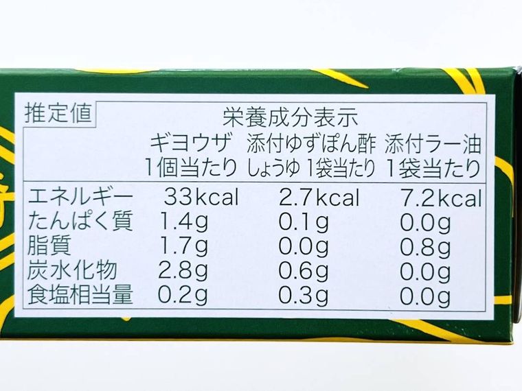 崎陽軒のギヨウザの栄養成分表示欄