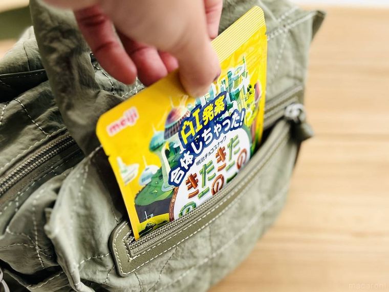 AI発案 合体しちゃったきたきたのこのこの山里をバッグのポケットに入れている様子