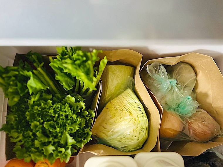 100均のガゼットバッグを野菜室に設置して使用しているところ