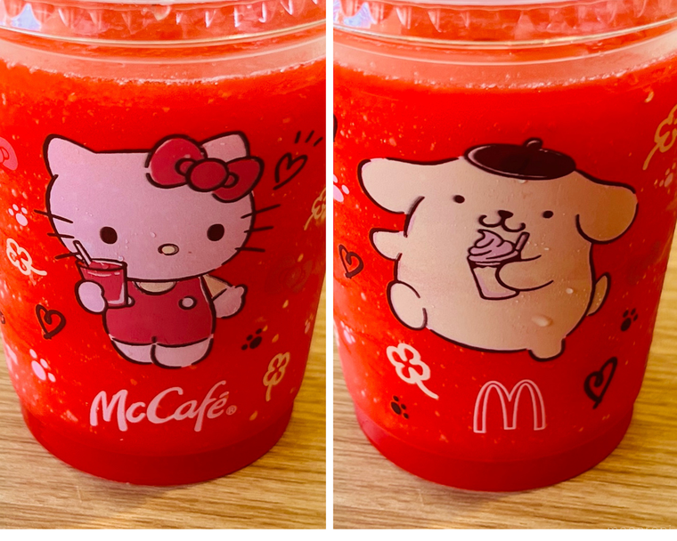 ハローキティのジューシーいちごスムージーとポムポムプリンのクリーミープリンフラッペのコラージュ画像