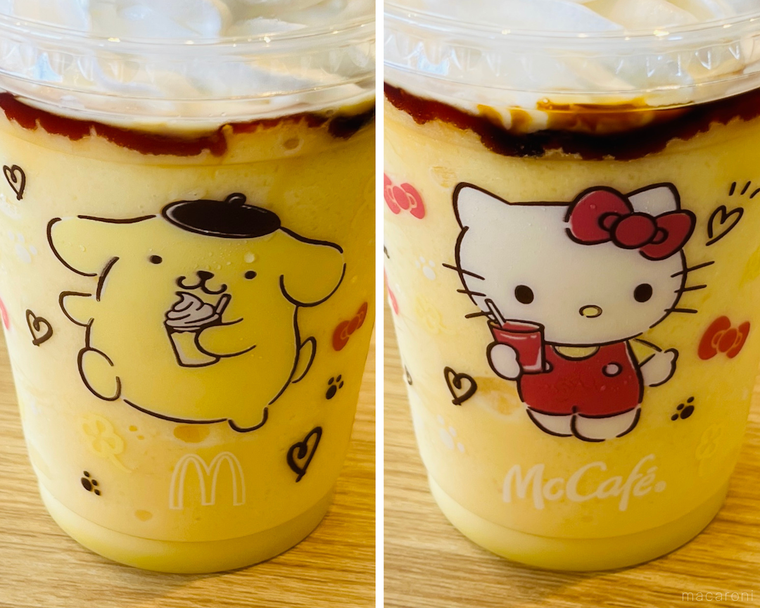 ハローキティのジューシーいちごスムージーとポムポムプリンのクリーミープリンフラッペのコラージュ画像