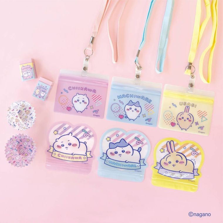 ちいかわの消しゴム、お弁当カップ、ストラップ付き名札、ダイカットフィルムチャック袋