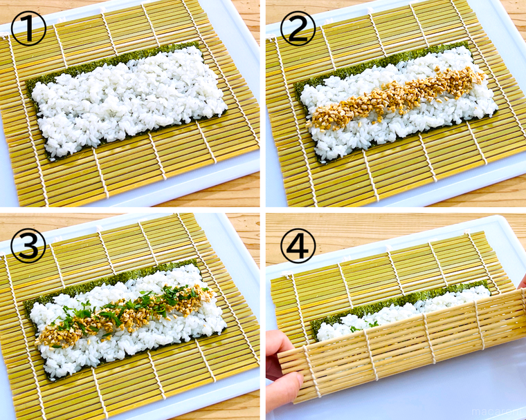 フリーズドライ納豆で納豆巻きを作っている様子