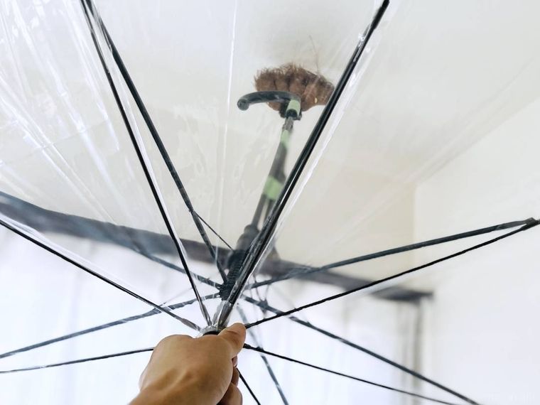 ほうきを貼りつけた傘で天井を掃除している様子