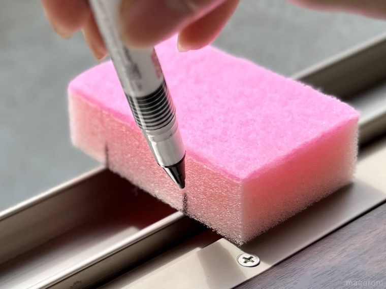 ピンク色の食器用スポンジに油性ペンで印を付けている様子