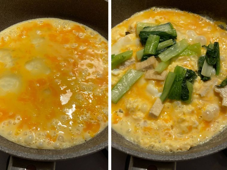 半熟卵に小松菜の煮浸しを加える様子