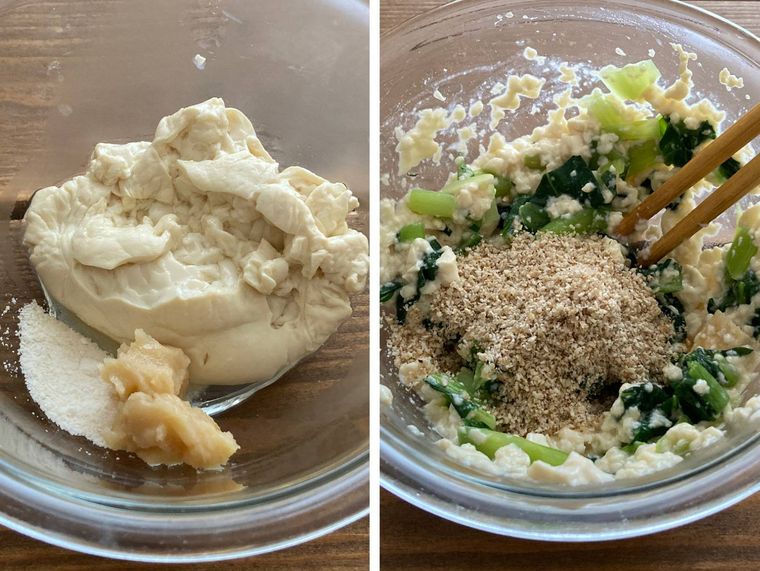 白和えの材料を混ぜる様子