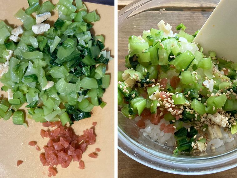 材料を刻んでご飯に混ぜ込む様子