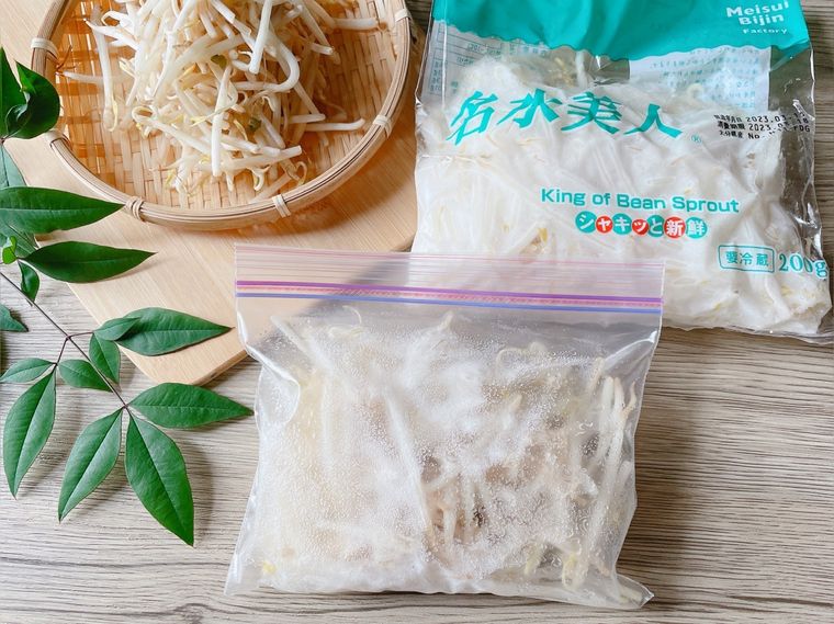 冷凍もやしとザルにおかれた生もやし