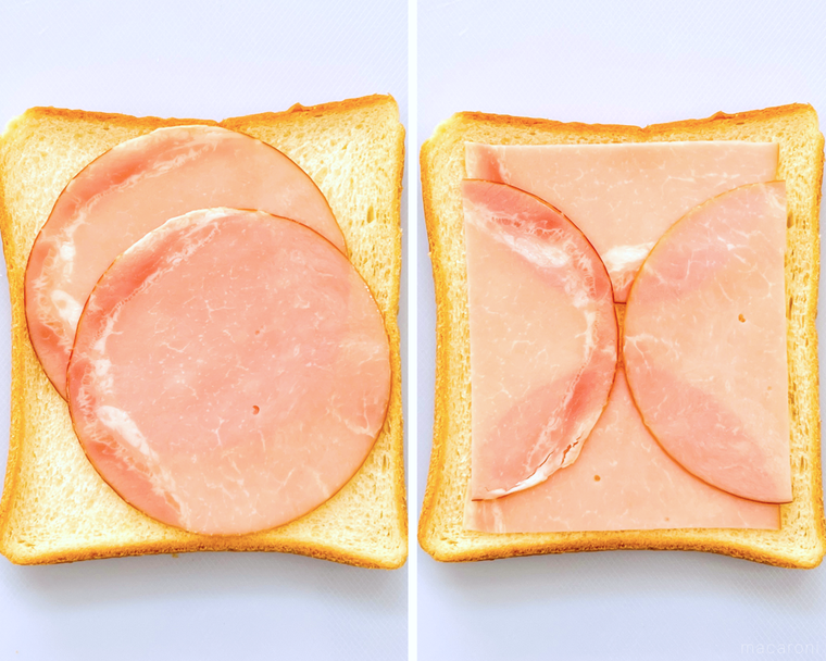食パンにハムをのせた写真のコラージュ画像