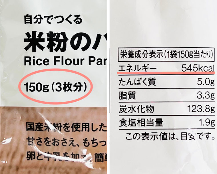 無印良品の自分でつくる 米粉のパンケーキの栄養成分表示欄