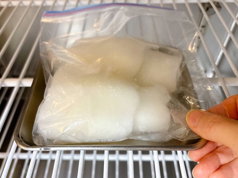 冷凍イカを冷蔵庫で解凍する様子