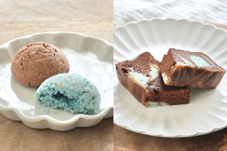 木のカッティングボードと白い皿にのったチョコミント味のお菓子