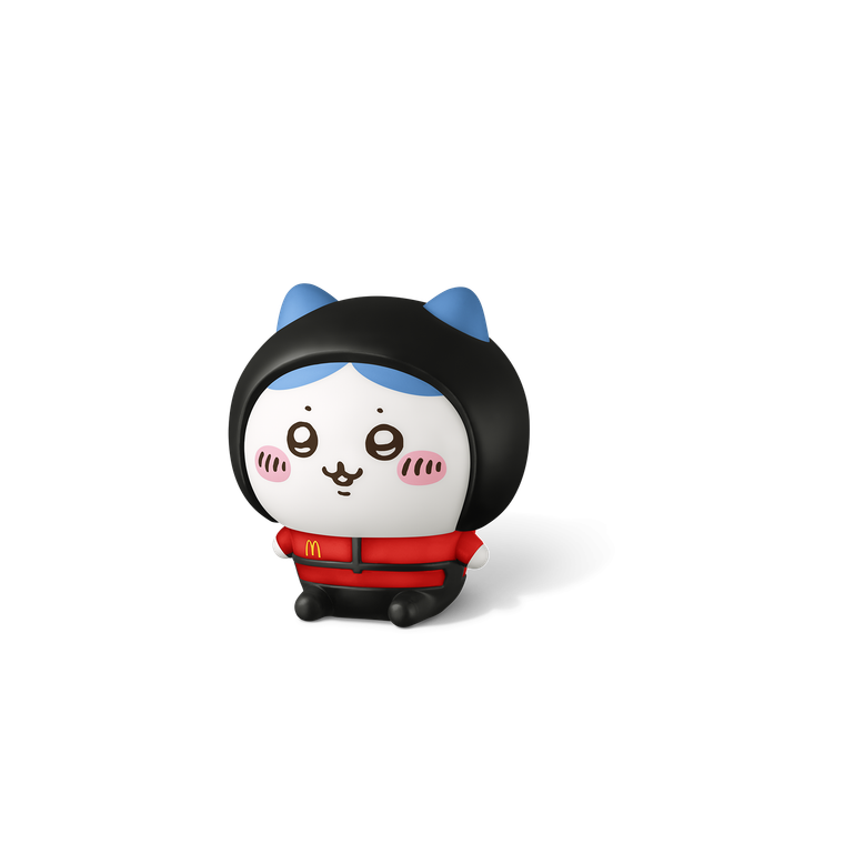 マクドナルドのデリバリークルーの制服を着たハチワレの3Dフィギュア