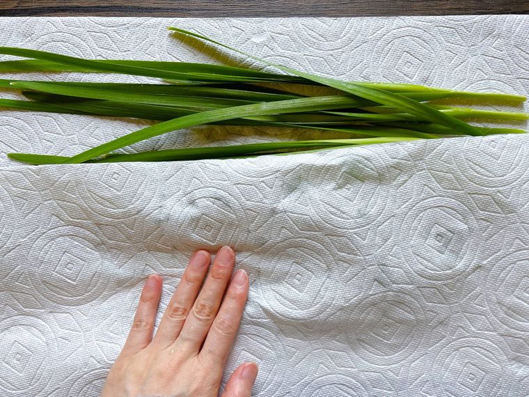 ニラの水気をキッチンペーパーで拭く様子