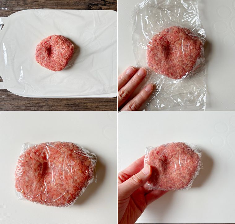 ハンバーグをラップで包む様子
