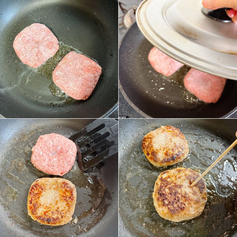 冷凍ハンバーグをフライパンで焼く様子