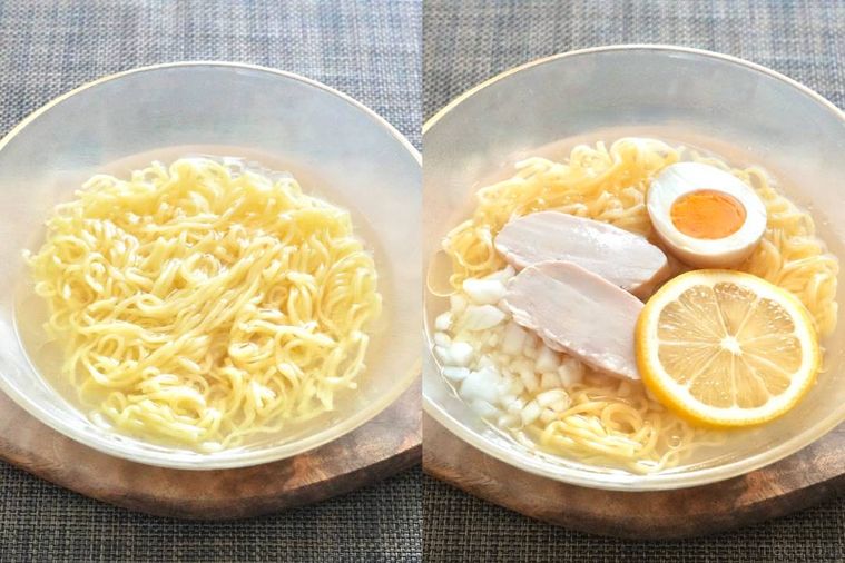 木のカッティングボードにのったガラスの器に盛られた冷やしラーメン