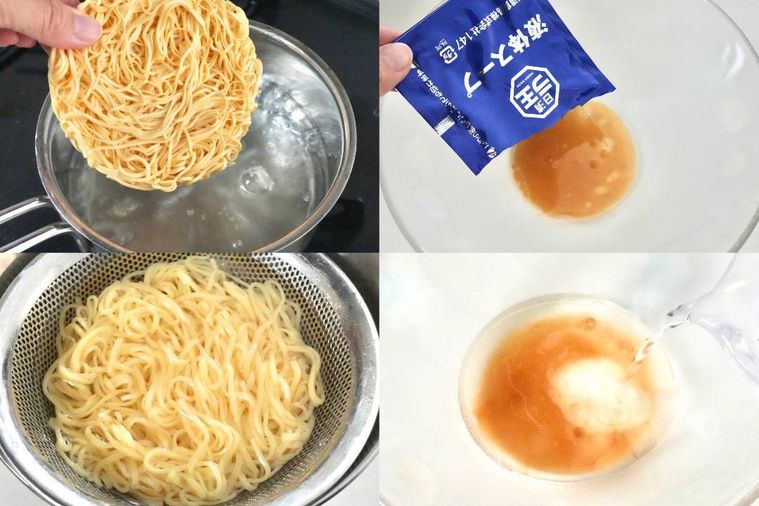 冷やしラーメンを鍋でゆでてスープを作る様子