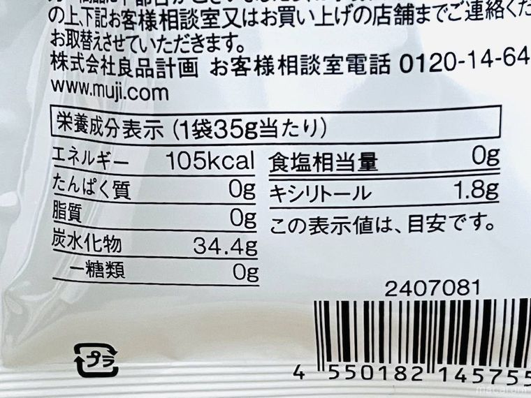 無印良品シュガーレスタブレットスーパーミントの栄養成分表示欄