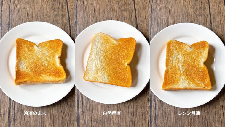 冷凍のまま、自然解凍、レンジ解凍して焼いた食パンのコラージュ