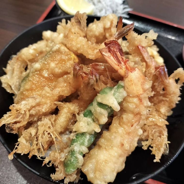 芝海老やかぼちゃなどたっぷりの天ぷらが盛られた天丼