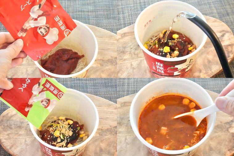 木のカッティングボードにのった麻辣湯のカップに具材と調味料と熱湯を入れ調理する様子